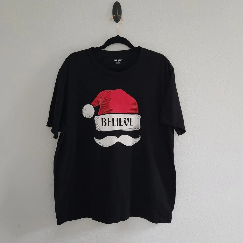 Mens Believe Santa Graphic Tee Black Christmas T-Shirt size XL - Picture 1 of 9